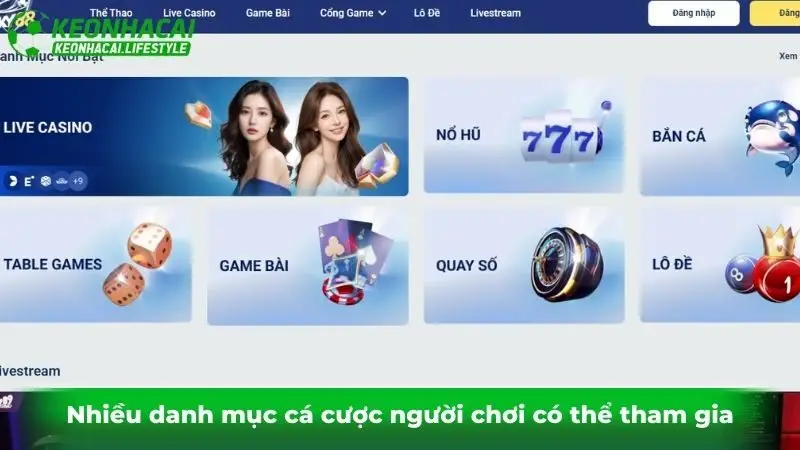 Nhiều danh mục cá cược người chơi có thể tham gia